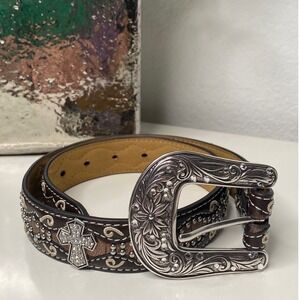 Ariat Western Belt Women's Brown Rhinestone Cross Silver Buckle Size 24